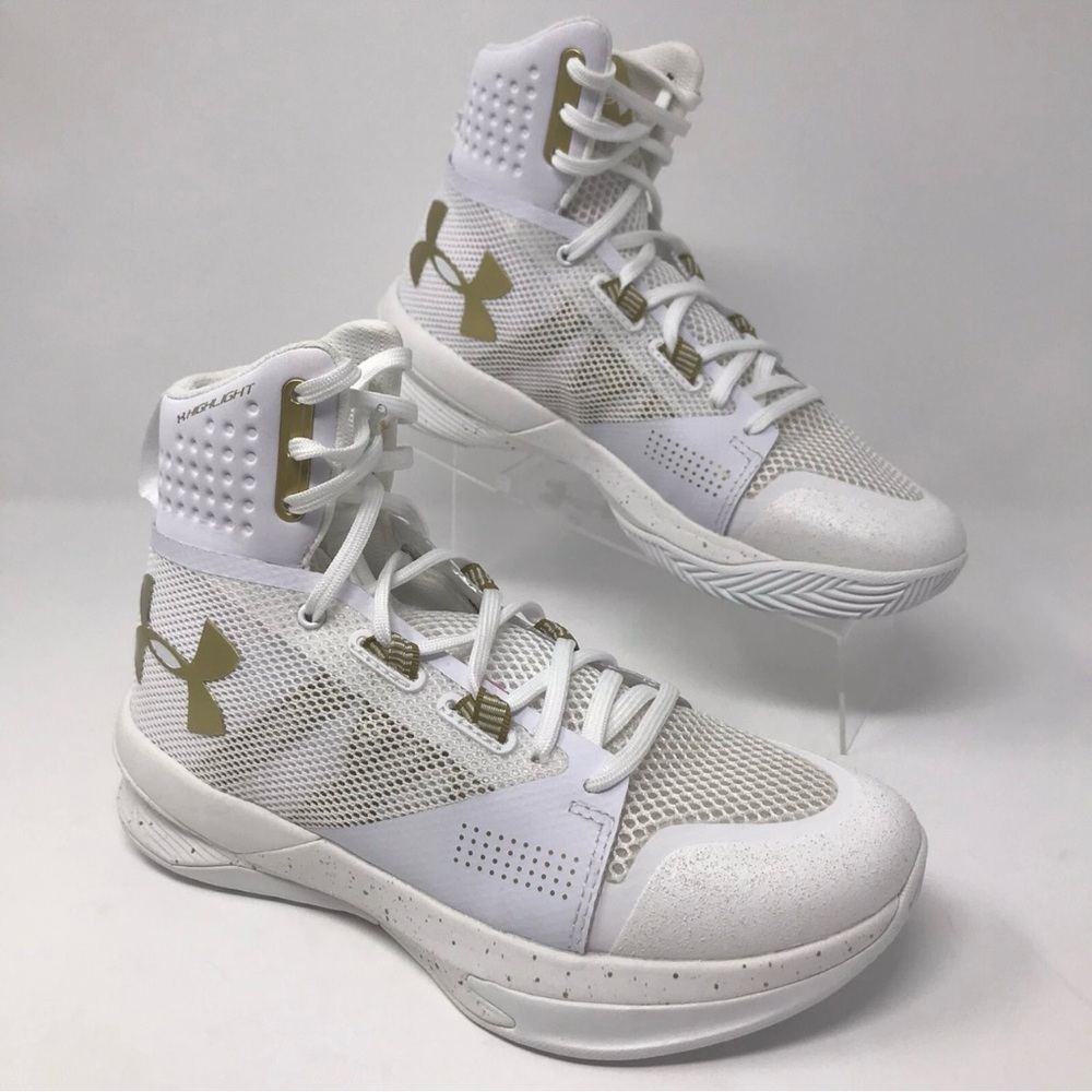 EUC Under Armour Women's White and Gold High-Volleyball Sneakers Size 7.5